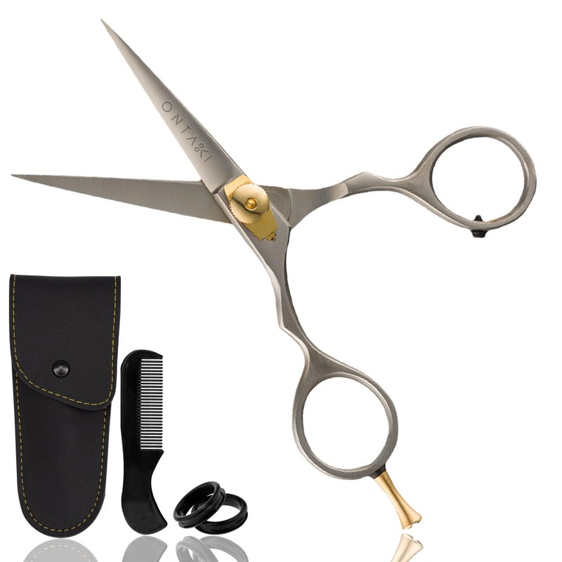 Ontaki Japanese Steel Beard & Hair Shears - 5.5 in, Silver - Precision Sharp Blades for Hair Scissors - Rounded Tips for Mustache Scissors - Ergonomic Finger Rest & Adjustable Tension for Beard Shears - Image 1